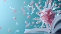 Microscopic virus emerging from open book pages against blue background, scientific education concept illustrating viral knowledge and research studies.