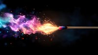 Burning match with magical multicolored smoke trail effect against dark background, glowing particles and ethereal wisps in pink, purple and blue colors.