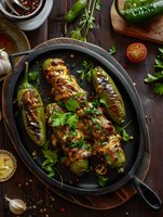 Stuffed green chili peppers with melted cheese and meat filling, garnished with fresh parsley in cast iron pan. Rustic food photography with spices.