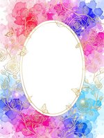 Watercolor floral frame with gold line art roses and butterflies in pink purple blue gradient colors oval border for wedding invitations greeting cards.