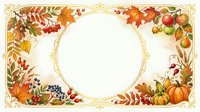 Autumn harvest frame with fall foliage, pumpkins, apples, and berries arranged around circular center space for seasonal greeting cards and thanksgiving designs.