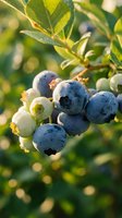 Fresh blueberries ripening on bush with green leaves in natural sunlight for healthy eating and organic farming concepts.