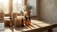 Amber glass essential oil bottles with dropper caps arranged on rustic wooden table with burning candles creating warm spa atmosphere for aromatherapy wellness.