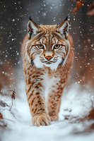 Majestic lynx walking through snowy forest during winter snowfall, close-up portrait showing detailed fur texture and intense gaze against blurred background.