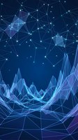 Futuristic digital landscape with glowing blue polygonal mountains and connected network nodes on dark background for tech design.