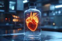 Clear glass bottle containing glowing orange anatomical heart, medical science concept for cardiology, healthcare research, and heart disease awareness.