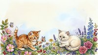 Two cute kittens playing among colorful garden flowers and butterflies, watercolor style with copy space for greeting cards and prints.