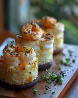 Grilled shrimp on creamy risotto bites garnished with fresh herbs and spices, served as elegant appetizers on wooden board. Restaurant quality presentation.