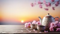 Traditional ceramic tea set with cherry blossoms on wooden table at sunset over water. Peaceful spring morning ritual with pink flowers and warm golden light.