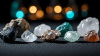 Collection of colorful raw gemstones and crystals on dark surface with bokeh lights background for jewelry making and spiritual healing practices.
