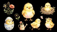 Cute Easter chick clipart set with baby chickens, floral egg, nest, and watering can, isolated on transparent background, for stickers, t-shirt design, and print on demand.