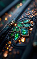 Macro shot of ornate metallic peacock feather design with iridescent emerald green stones and glowing golden bokeh lights creating magical atmosphere.