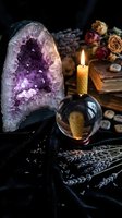 Mystical altar setup with amethyst geode, crystal ball, burning candle and dried flowers for spiritual practices, meditation and fortune telling rituals.