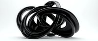 Abstract black glossy twisted rings forming complex knot sculpture on white background. Modern 3d geometric art piece for contemporary design projects.