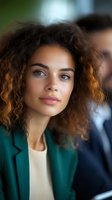 Young mixed race businesswoman with natural curly hair and freckles wearing green blazer and cream top, looking confidently ahead in office setting.