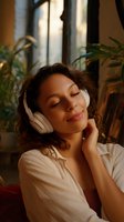 Young mixed race woman with curly hair wearing white headphones and blouse relaxing with closed eyes in warm evening light among houseplants.