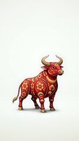 Red decorative bull with golden floral patterns and ornate design elements isolated on light background for Chinese New Year celebrations and festive projects.