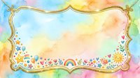 Watercolor pastel rainbow background with gold decorative frame, cute sun, stars, flowers and rainbow elements, copy space for kids design.