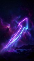 Neon arrow pointing upward with electric lightning effects against cosmic nebula background with purple and blue colors for futuristic technology designs.
