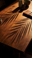 Warm sunlight casts dramatic striped shadows across a wooden table surface, creating an interplay of light and shadow on natural wood grain texture for interior design and lifestyle content.