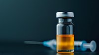 Medical vial with amber liquid and syringe on dark background, dramatic lighting creates professional pharmaceutical atmosphere for healthcare concepts.