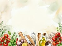 Watercolor cooking background with fresh tomatoes, garlic, herbs, olive oil, and kitchen utensils arranged on white space for recipe blogs, cookbooks, and culinary content.
