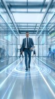 Confident businessman walking through futuristic digital corridor with glowing blue technology interface and holographic elements in modern office.