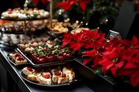 Festive holiday appetizers and catering display with red poinsettias, gourmet finger foods on black platters, and blurred Christmas decorations in background for event planning.