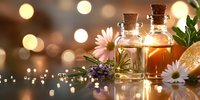 Glass bottles with essential oils, fresh daisies and lavender on reflective surface against warm bokeh lights, creating spa wellness atmosphere.