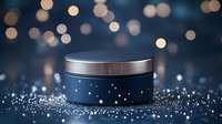 Navy blue cosmetic cream jar with metallic lid on sparkly surface against blurred bokeh lights background, luxury skincare product photography.
