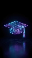 Neon graduation cap with circuit board pattern glowing in blue and purple light on dark background for digital education and technology concepts.
