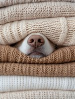 Dog nose peeking through stack of cozy knitted sweaters in neutral beige tones. Warm winter clothing and pet comfort concept for seasonal campaigns.