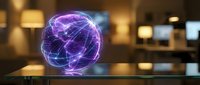 Glowing purple neural network brain hologram with electric connections on modern office desk representing artificial intelligence and machine learning technology.