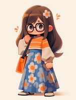 Young Asian girl character with glasses wearing orange top and blue floral skirt in cute chibi anime style, carrying messenger bag. Illustration for children's books.