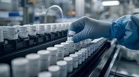 Pharmaceutical manufacturing process showing hands in blue protective gloves handling medical vials on automated production line. Perfect for healthcare, biotechnology and medicine concepts.