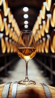 Wine glass filled with golden liquid on oak barrel in wine cellar with dramatic lighting and bokeh background. Perfect for wine industry advertising.