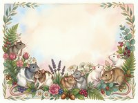 Watercolor woodland animals frame with rabbits, squirrels and mice surrounded by flowers, berries and botanical elements on textured background for invitations.