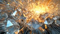 Dramatic explosion of ice crystals with glowing orange light bursting through shattered fragments against dark background, creating dynamic contrast and motion effect.