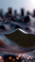 Abstract digital wave made of glowing particles with bokeh lights and blurred city skyline background for technology and data visualization concepts.