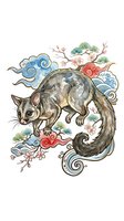 Possum with flowing tail surrounded by decorative clouds, botanical elements, and swirling patterns in watercolor style. Isolated artwork on white background, ready for design use.