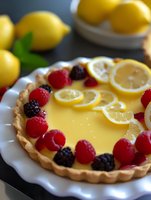 Fresh lemon tart decorated with raspberries, blackberries and thin lemon slices on white ceramic plate, with whole lemons and green leaves in background.