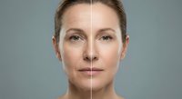 Middle-aged Caucasian woman face showing aging process with wrinkles and smooth skin comparison for skincare and beauty treatment concepts.