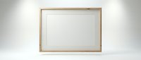 Empty wooden picture frame with white mat on neutral background for mockup and design projects.