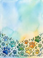 Watercolor illustration featuring colorful paw prints and botanical elements transitioning from blue to yellow gradient background. Isolated artwork suitable for pet-related designs, greeting cards, and apparel.