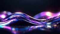 Glowing neon waves with purple and blue light streaks creating dynamic motion effect against dark background, reflective surface adds depth and luminosity.