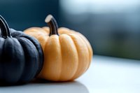 Orange and black decorative pumpkins on light surface against blurred background. Minimalist autumn composition with selective focus and soft lighting.