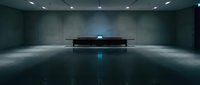 Modern minimalist reception desk in empty contemporary office lobby with polished concrete floor and industrial ceiling lighting, suitable for corporate branding and architectural visualization projects.
