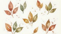 Watercolor autumn leaves in warm earth tones with gold splatter details on cream background, perfect for seasonal designs and fall decorations.