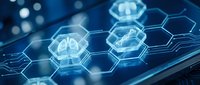 Glowing hexagonal molecular structures with brain icons on digital surface, representing artificial intelligence, neural networks, and advanced technology innovation.