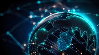 Glowing digital Earth map with network connections and data visualization showing global technology infrastructure on dark background. Suitable for cybersecurity concepts.